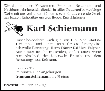 Traueranzeige von Karl Schiemann von Märkische Oderzeitung