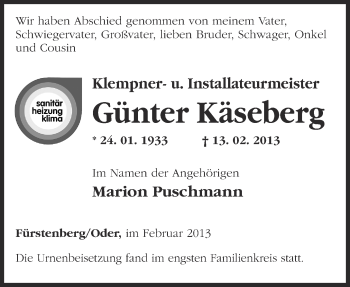 Traueranzeige von Günter Käseberg von Märkische Oderzeitung