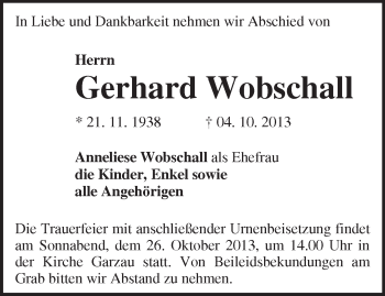 Traueranzeige von Gerhard Wobschall von Märkische Oderzeitung