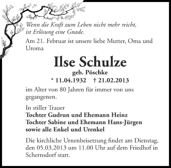 Traueranzeige von Ilse Schulze von Märkische Oderzeitung