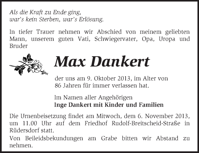 Traueranzeige für Max Dankert vom 30.10.2013 aus Märkische Oderzeitung