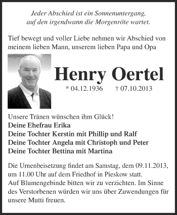 Traueranzeige von Henry Oertel von Märkische Oderzeitung