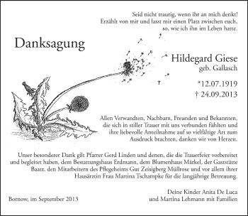 Traueranzeige von Hildegard Giese von Märkische Oderzeitung