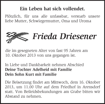 Traueranzeige von Frieda Driesener von Märkische Oderzeitung