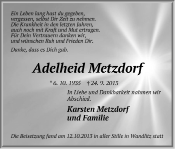 Traueranzeige von Adelheid Metzdorf von Märkische Oderzeitung