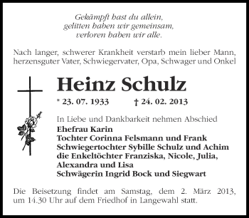Traueranzeige von Heinz Schulz von Märkische Oderzeitung
