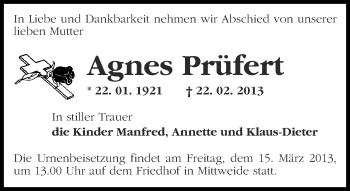 Traueranzeige von Agnes Prüfert von Märkische Oderzeitung