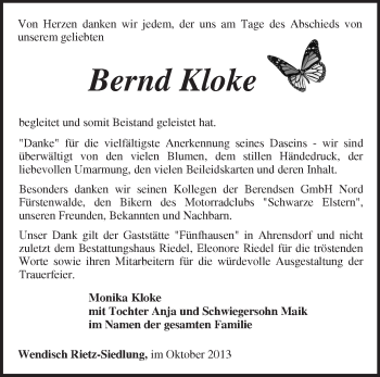 Traueranzeige von Bernd Kloke von Märkische Oderzeitung