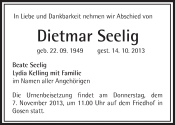 Traueranzeige von Dietmar Seelig von Märkische Oderzeitung