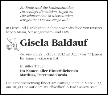 Traueranzeige von Gisela Baldauf von Märkische Oderzeitung