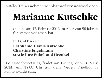 Traueranzeige von Marianne Kutschke von Märkische Oderzeitung