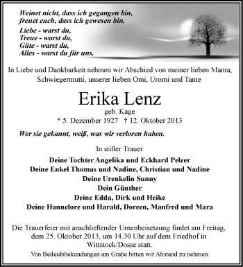 Traueranzeige von Erika Lenz von Märkische Oderzeitung