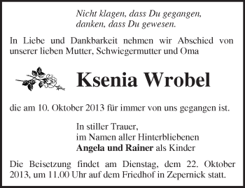 Traueranzeige von Ksenia Wrobel von Märkische Oderzeitung