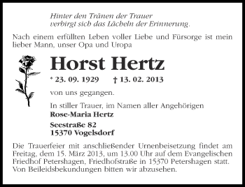 Traueranzeige von Horst Hertz von Märkische Oderzeitung