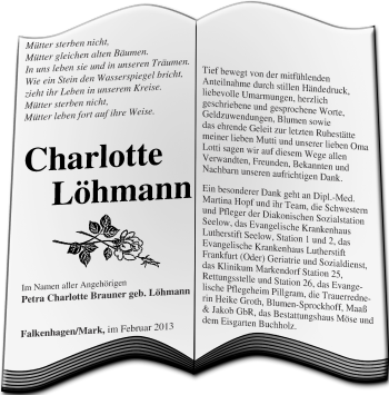 Traueranzeige von Charlotte Löhmann von Märkische Oderzeitung