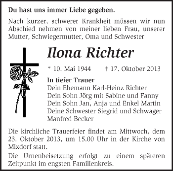 Traueranzeige von Ilona Richter von Märkische Oderzeitung