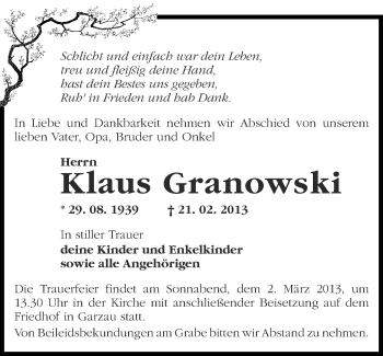 Traueranzeige von Klaus Granowski von Märkische Oderzeitung