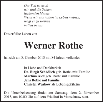 Traueranzeige von Werner Rothe von Märkische Oderzeitung