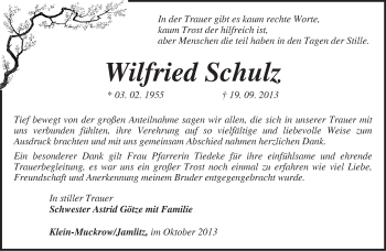 Traueranzeige von Wilfried Schulz von Märkische Oderzeitung