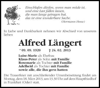 Traueranzeige von Alfred Längert von Märkische Oderzeitung