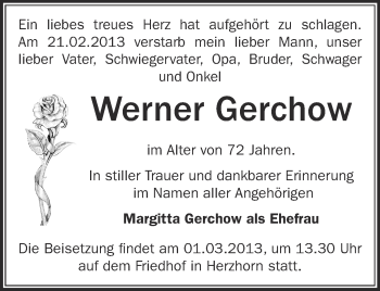 Traueranzeige von Werner Gerchow von Märkische Oderzeitung