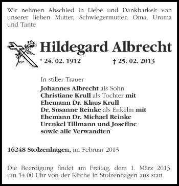 Traueranzeige von Hildegard Albrecht von Märkische Oderzeitung