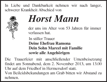 Traueranzeige von Horst Mann von Märkische Oderzeitung