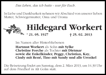 Traueranzeige von Hildegard Workert von Märkische Oderzeitung
