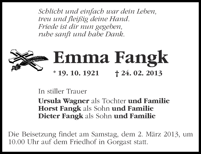  Traueranzeige für Emma Fangk vom 27.02.2013 aus Märkische Oderzeitung