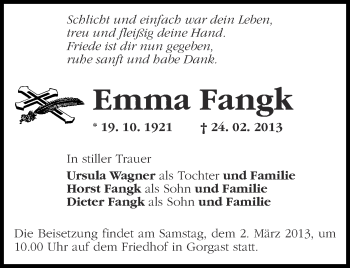 Traueranzeige von Emma Fangk von Märkische Oderzeitung
