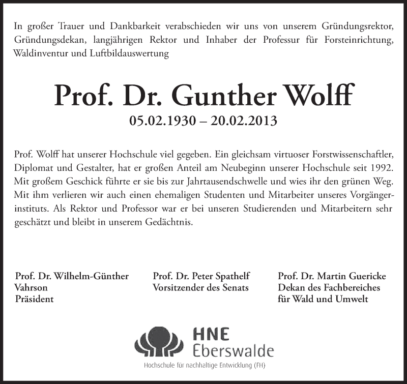  Traueranzeige für Gunther Wolff vom 28.02.2013 aus Märkische Oderzeitung