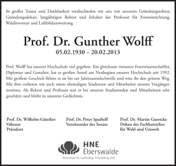 Traueranzeige von Gunther Wolff von Märkische Oderzeitung