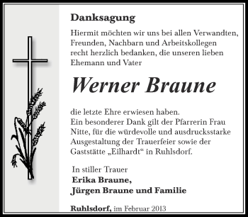 Traueranzeige von Werner Braune von Märkische Oderzeitung