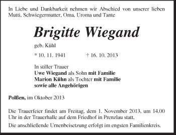 Traueranzeige von Brigitte Wiegand von Märkische Oderzeitung