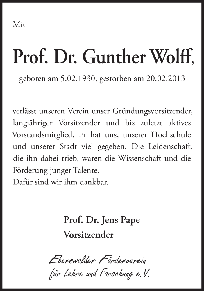  Traueranzeige für Gunther Wolff vom 28.02.2013 aus Märkische Oderzeitung