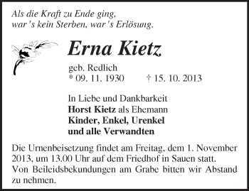 Traueranzeige von Erna Kietz von Märkische Oderzeitung