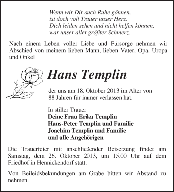 Traueranzeige von Hans Templin von Märkische Oderzeitung