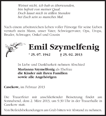 Traueranzeige von Emil Szymelfenig von Märkische Oderzeitung