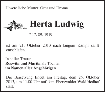 Traueranzeige von Herta Ludwig von Märkische Oderzeitung