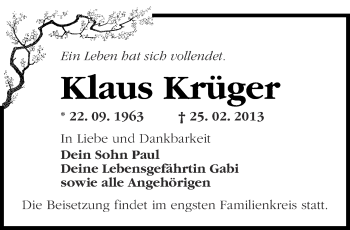 Traueranzeige von Klaus Krüger von Märkische Oderzeitung