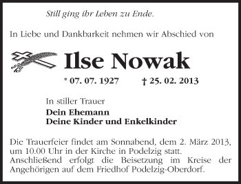 Traueranzeige von Ilse Nowak von Märkische Oderzeitung