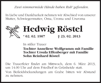Traueranzeige von Hedwig Röstel von Märkische Oderzeitung