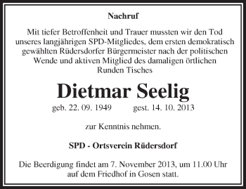 Traueranzeige von Dietmar Seelig von Märkische Oderzeitung