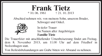 Traueranzeige von Frank Tietz von Märkische Oderzeitung