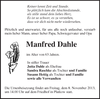 Traueranzeige von Manfred Dahle von Märkische Oderzeitung