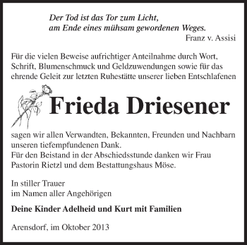 Traueranzeige von Frieda Driesener von Märkische Oderzeitung