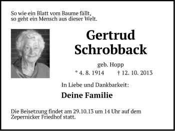 Traueranzeige von Gertrud Schrobback von Märkische Oderzeitung