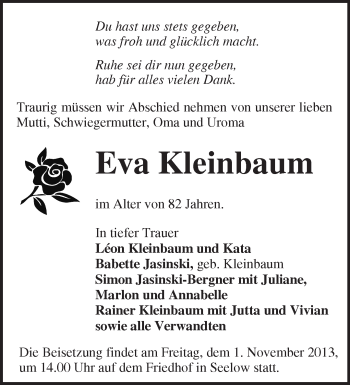 Traueranzeige von Eva Kleinbaum von Märkische Oderzeitung