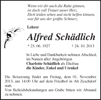 Traueranzeige von Alfred Schädlich von Märkische Oderzeitung