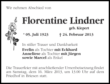 Traueranzeige von Florentine Lindner von Märkische Oderzeitung